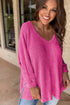 Waffle Knit Side Slits Loose Fit V Neck Top